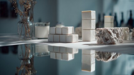 Obraz premium Minimal marble platform display with soft boxes for skincare product branding packaging visual modern presentation