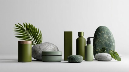 Natural green spa product bottles with stones and leaves for wellness skincare eco friendly organic branding
