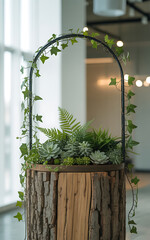 Rustic log wedding cake stand adorned with greenery and arch