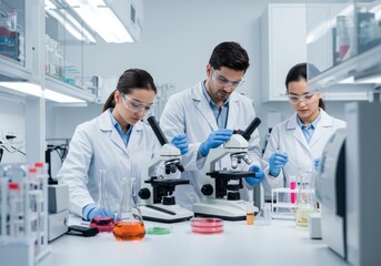 Scientific research collaboration in laboratory setting experimenting with microscopes professional environment close-up view