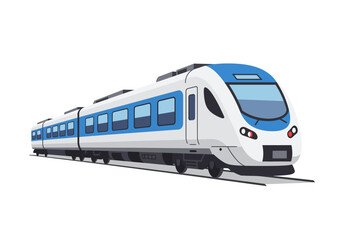 Naklejka premium Modern Blue and White Passenger Train on Tracks.