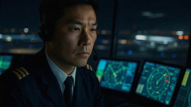 Focused air traffic controller monitoring radar screens in a control tower at night, ensuring safe flight operations.