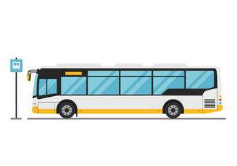 White and Yellow City Bus at Bus Stop Illustration.