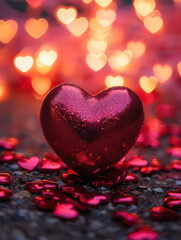 Closeup of a sparkling red heart with a bokeh background of warm lights, symbolizing love and romance on valentines day