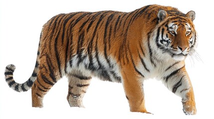 Obraz premium Majestic tiger walks, orange fur detailed with black stripes, on a white ground