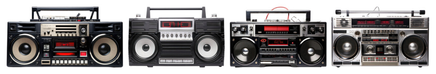 Fototapeta premium PNG Vintage boomboxes in a row, element set on transparent background