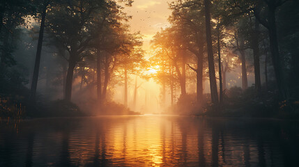 A forest with a river running through it and the sun shining on the water