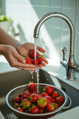 Fresh strawberries being washed under running water in a kitchen sink