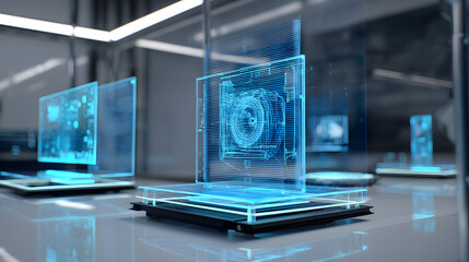 Tech's Photographic Vision: A modern and futuristic tech setup, complete with holographic displays and digital imaging. Showcasing cutting-edge technological advancements.