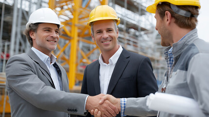 Professional men in hard hats shaking hands at construction site, showcasing teamwork and collaboration in business agreement