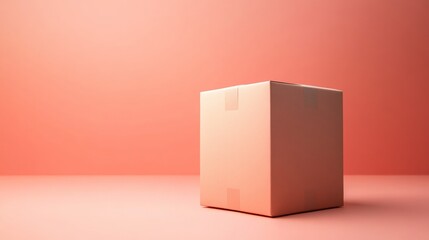 Obraz premium Single peach color box on pink background for product packaging branding shipping ecommerce minimal clean concept photo
