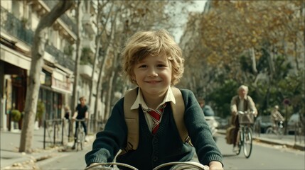 Naklejka premium A cheerful young boy rides a bicycle through a tree-lined street, surrounded by pedestrians and cyclists in a lively neighborhood.