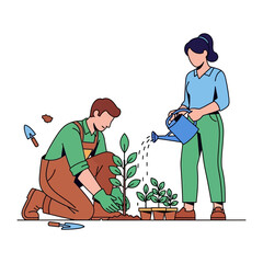 Cultivating Life Together: A vibrant illustration of a couple nurturing the earth, planting and watering young plants with care. Evoking themes of growth and care
