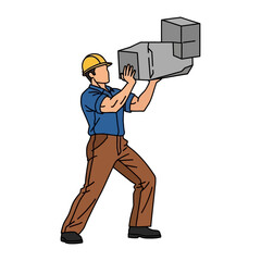Construction Worker: A muscular construction worker carefully balances multiple heavy blocks. This illustration captures the strength and precision needed for the demanding work of construction. 