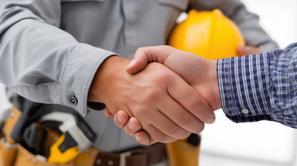 Building trust through handshake between two professionals, one wearing work shirt and holding hard hat, signifies collaboration and agreement