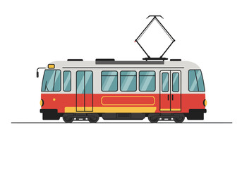 Naklejka premium Red and White Tram with Pantograph on Rails.