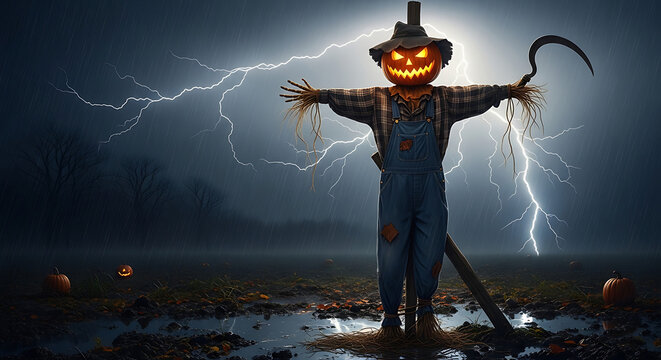 Scarecrow with a pumpkin head stands in a field during a lightning storm at night time
