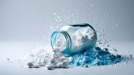 Glass jar spilling white tablets into water splash for pharmaceutical health product advertising visual concept design