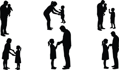Parent and child silhouette illustration, family bonding, father and mother with kids, parenting love, childhood care, black vector design