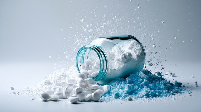 Glass jar spilling white tablets into water splash for pharmaceutical health product advertising visual concept design