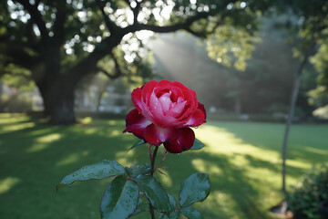 Single red and white rose blooms in a sunlit garden with large tree