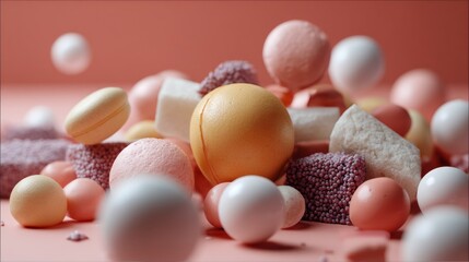 Candy truffles and marshmallows on pink background for sweet dessert food product branding concept scene visual