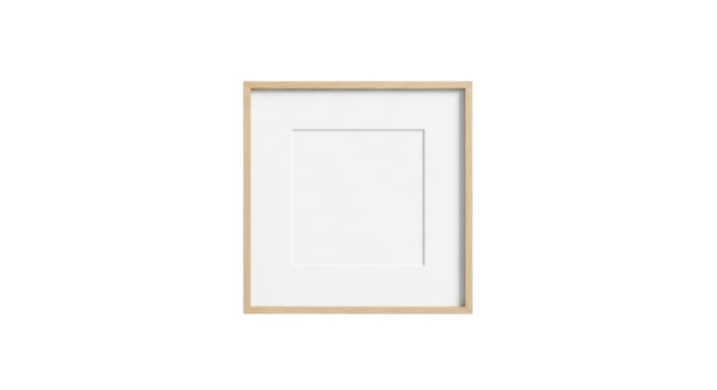 A simple, clean, and modern square picture frame with a white mat and a light wood border, isolated on a white background.