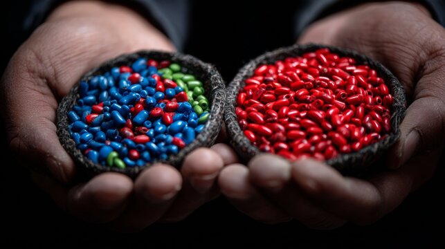 Hands holding red and blue pills in contrast light for pharmaceutical health product concept branding design advertisement - Powered by Adobe