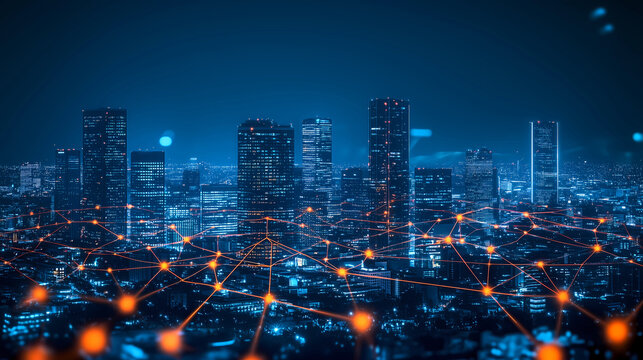 Futuristic abstract glowing particle smart city network interconnection background