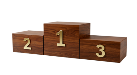 A wooden winners' podium shown from the side, for celebrating first, second, and third place in competitions. Transparent Background, Cutout