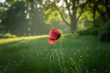 Single red poppy blooms gracefully in a sunlit meadow