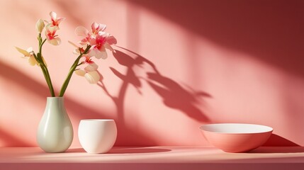 Minimal red background with ceramic vases flowers and shadows for modern decor lifestyle branding photography and visual design concepts