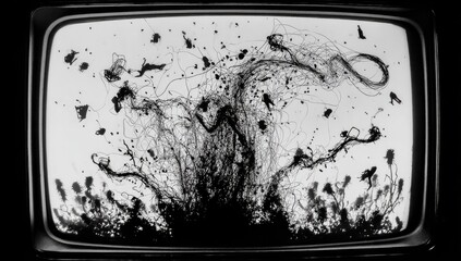 Black ink splatter explosion on vintage TV screen