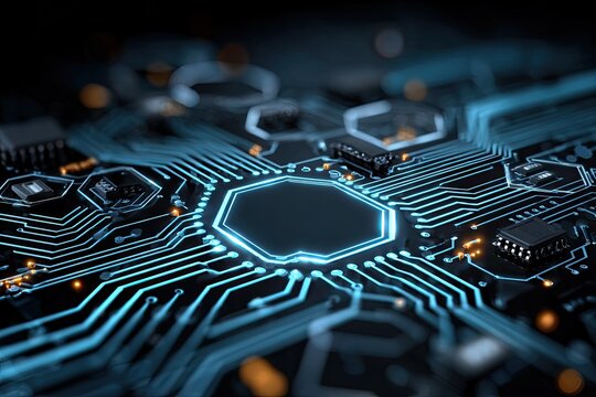 Close-up of a glowing circuit board with intricate pathways and components