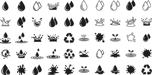 Diverse Water Drop and Splash Icons: A Comprehensive Set Representing Hydration and Purity.