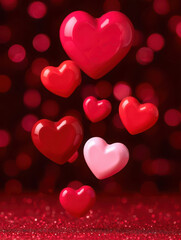 A collection of red and pink hearts floating in front of a bokeh background, symbolizing love and romance