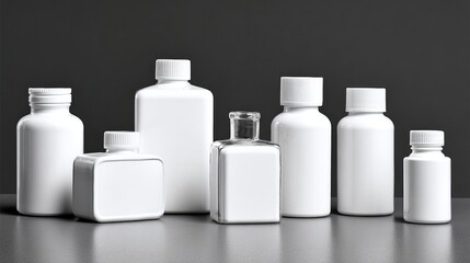 White medicine and cosmetic bottles on gray background for minimalist health and pharmaceutical product presentation