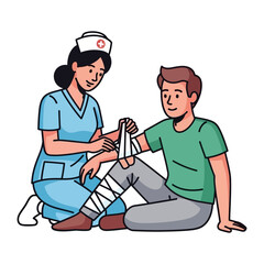 Caring Nurse Rendering First Aid: A compassionate nurse carefully bandages the arm of a young man, providing comfort and care, symbolizing empathy and the healing process.