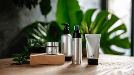 Natural skincare bottles and pump containers on wooden surface with green plants in spa wellness concept scene