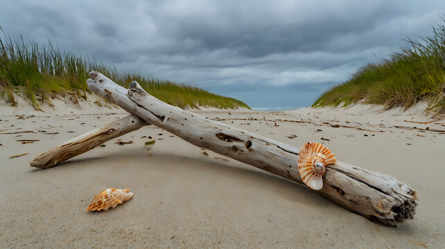 A curved driftwood stick on a sandy beach with seashells scattered around, overcast sky - Powered by Adobe