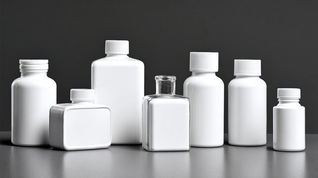 White medicine and cosmetic bottles on gray background for minimalist health and pharmaceutical product presentation