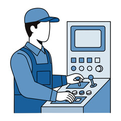 Technician at the Control Panel: A skilled technician, clad in practical work attire, meticulously operates an industrial control panel. This illustrated scene portrays precision, expertise.