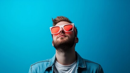 Portrait of man with beard and sunglasses on blue background in modern fashion style and attitude concept