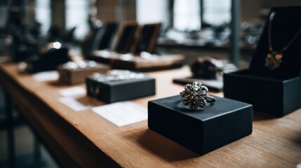 Luxury jewelry pieces on wooden display table in boutique with elegant lighting and black packaging accessories scene