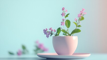 White ceramic cup with green and pink flowers on pastel background for spring nature lifestyle composition