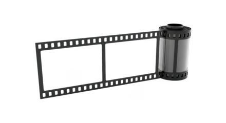 A roll of black and white photographic film with two blank frames unspooling from the canister against a white background.