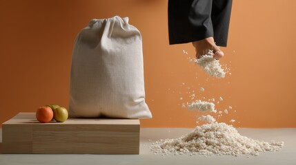 Flour falling into wooden box with orange background and peach for baking ingredient or recipe preparation concept