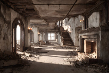 Fototapeta premium Unearthly Silence: The Echoing Void of a Desolate Abandoned Building and Its Untold Stories Hidden Within