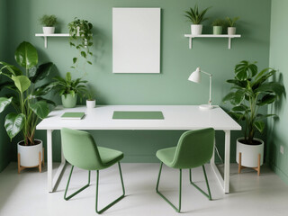 Modern minimalist office interior featuring a white desk, two green chairs, lush indoor plants, and wall shelves with greenery. Perfect for concepts of workspace design, home office, productivity