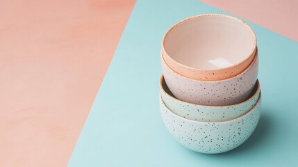 Stack of ceramic pastel bowls on color-blocked background for kitchenware branding or modern product styling design